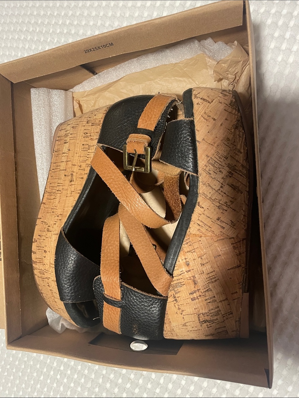 Anthropologie Black and Tan Cork Wedge Sandals
